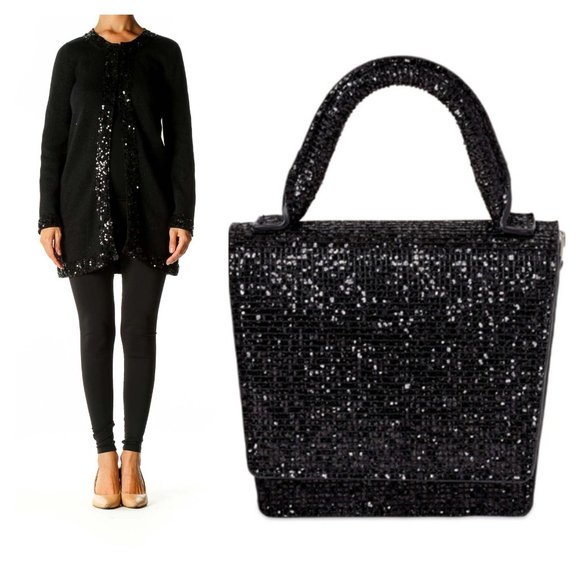 Women's Medium Black Sequined Cardigan Sweater Plus New Sequined Purse - Picture 1 of 13